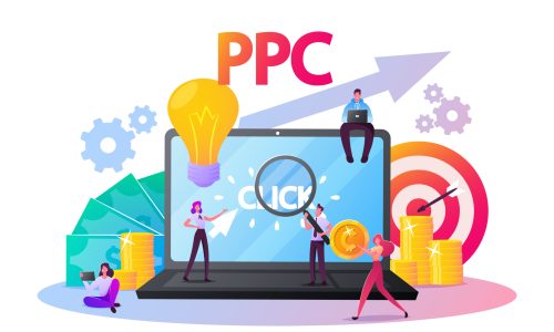 Pay Per Click Concept. Tiny Characters at Huge Computer Desktop with Cursor Clicking on Ad Button. Ppc Business, Cpc Advertising Technology, Sponsored Listing. Cartoon People Vector Illustration